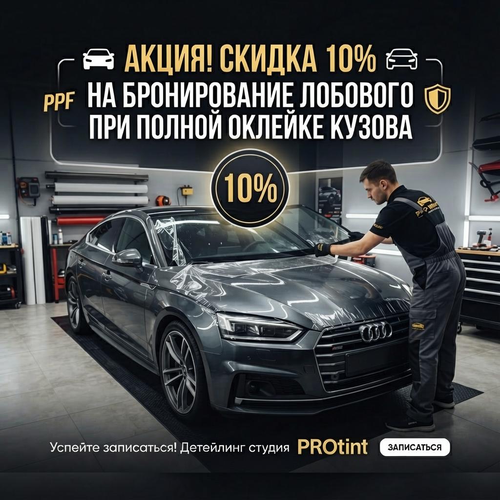 Скидка 10% на бронирование лобового при полной оклейке кузова | Оклейка и тонировка автомобилей в СПб